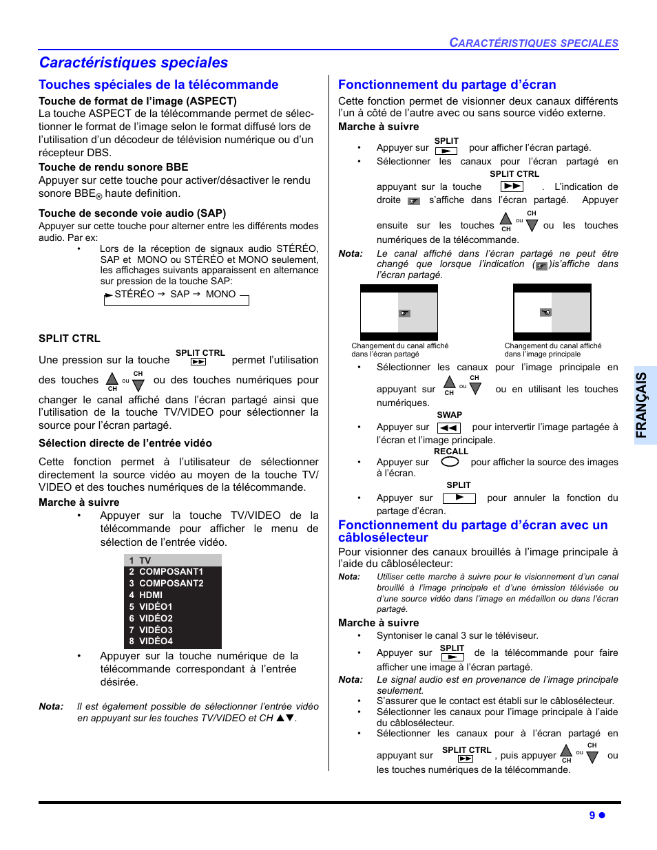 Caracteristiques speciales, Touches speciales de la telecommande, Fonctionnement du partage d'ecran | Caractéristiques speciales, Françai s, Touches spéciales de la télécommande, Fonctionnement du partage d’écran | Panasonic CT 36HL44 User Manual | Page 67 / 96