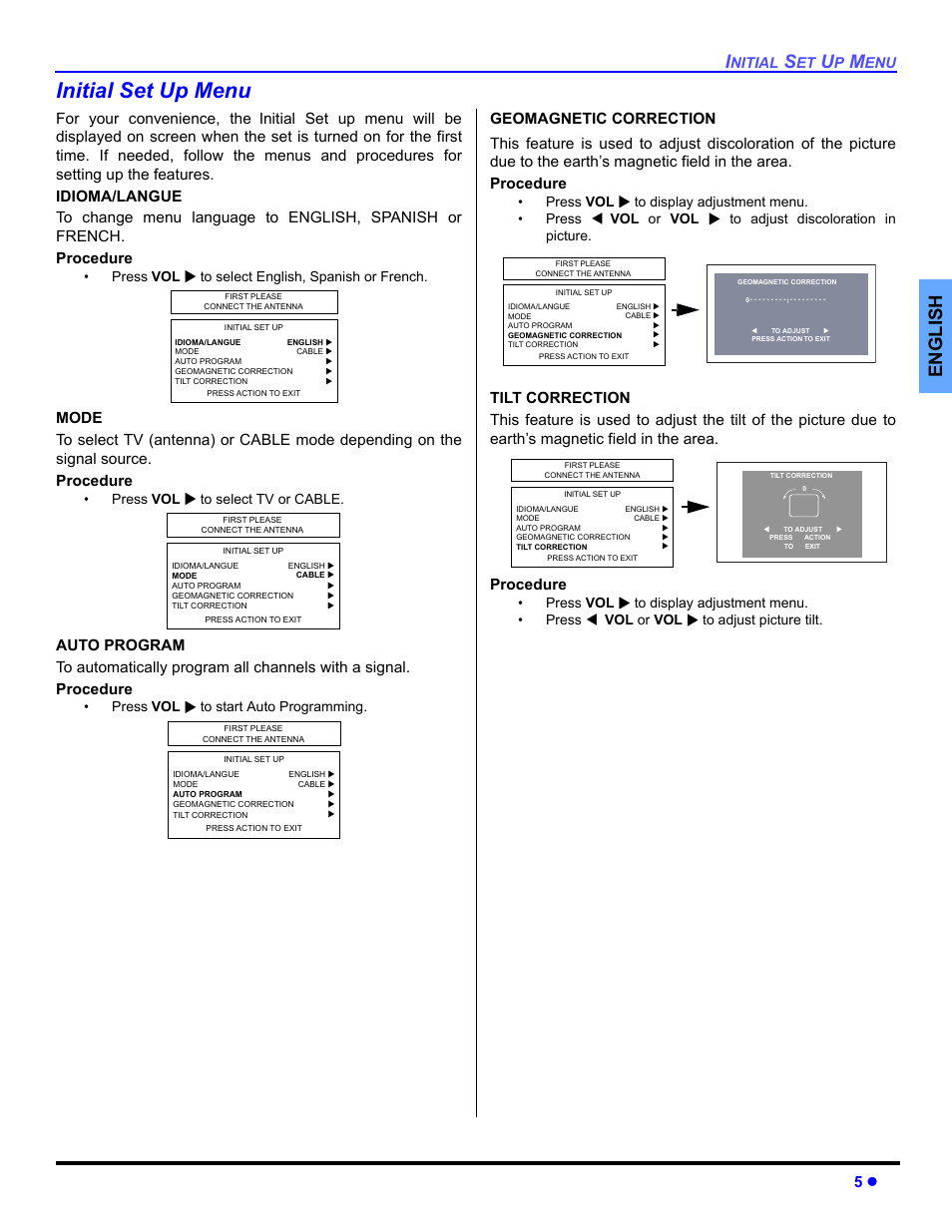 Initial set up menu, English, Nitial | Press vol to select english, spanish or french, Press vol to select tv or cable, Press vol to start auto programming | Panasonic CT 36HL44 User Manual | Page 7 / 96