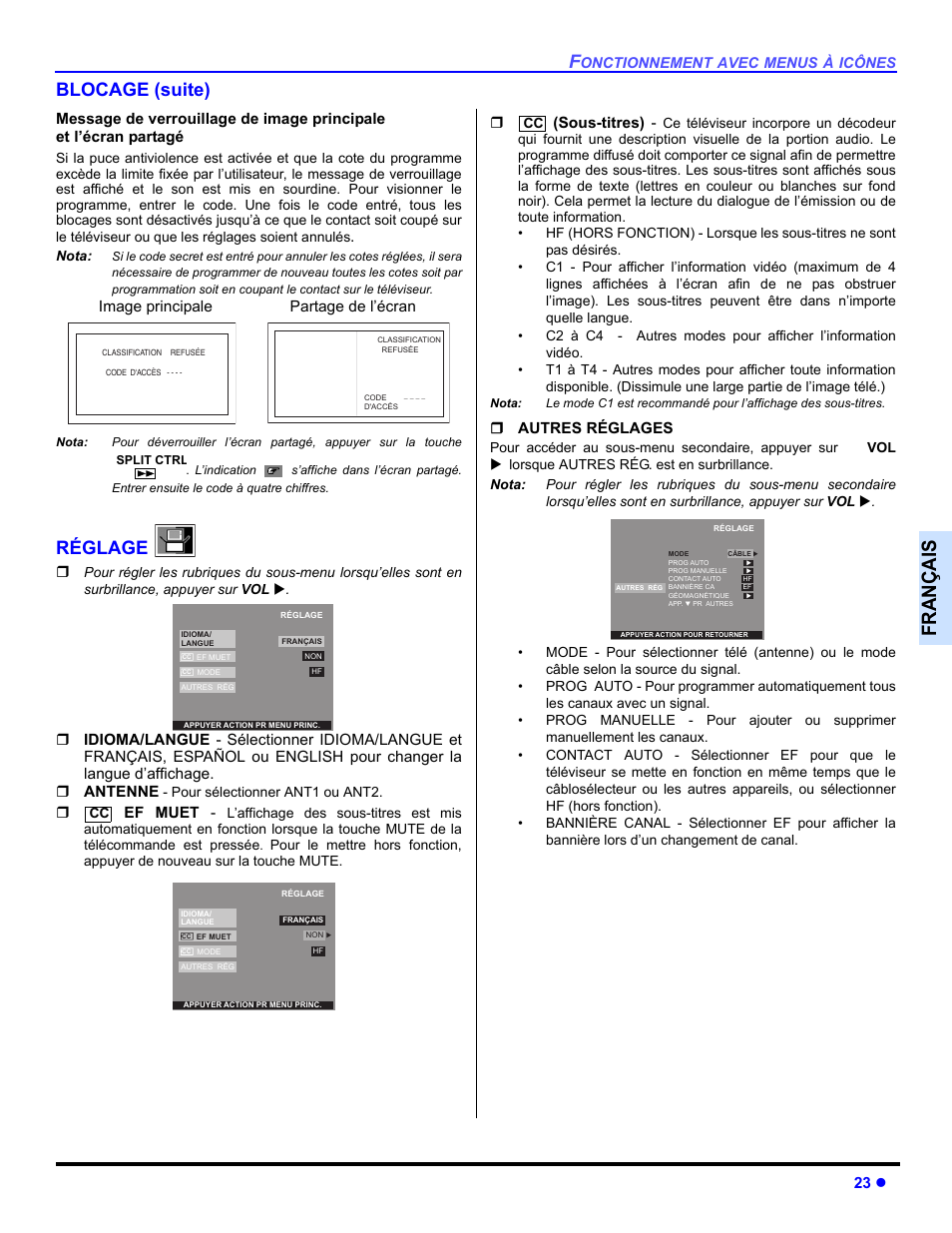 Reglage, Françai s, Blocage (suite) | Réglage | Panasonic CT 36HL44 User Manual | Page 81 / 96