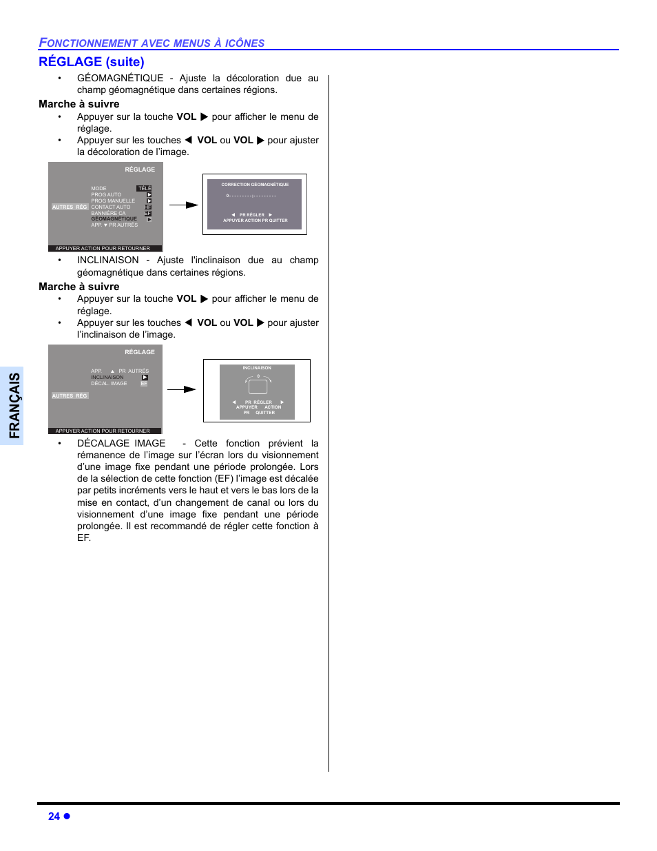 Françai s, Réglage (suite), 24 z | Marche à suivre | Panasonic CT 36HL44 User Manual | Page 82 / 96