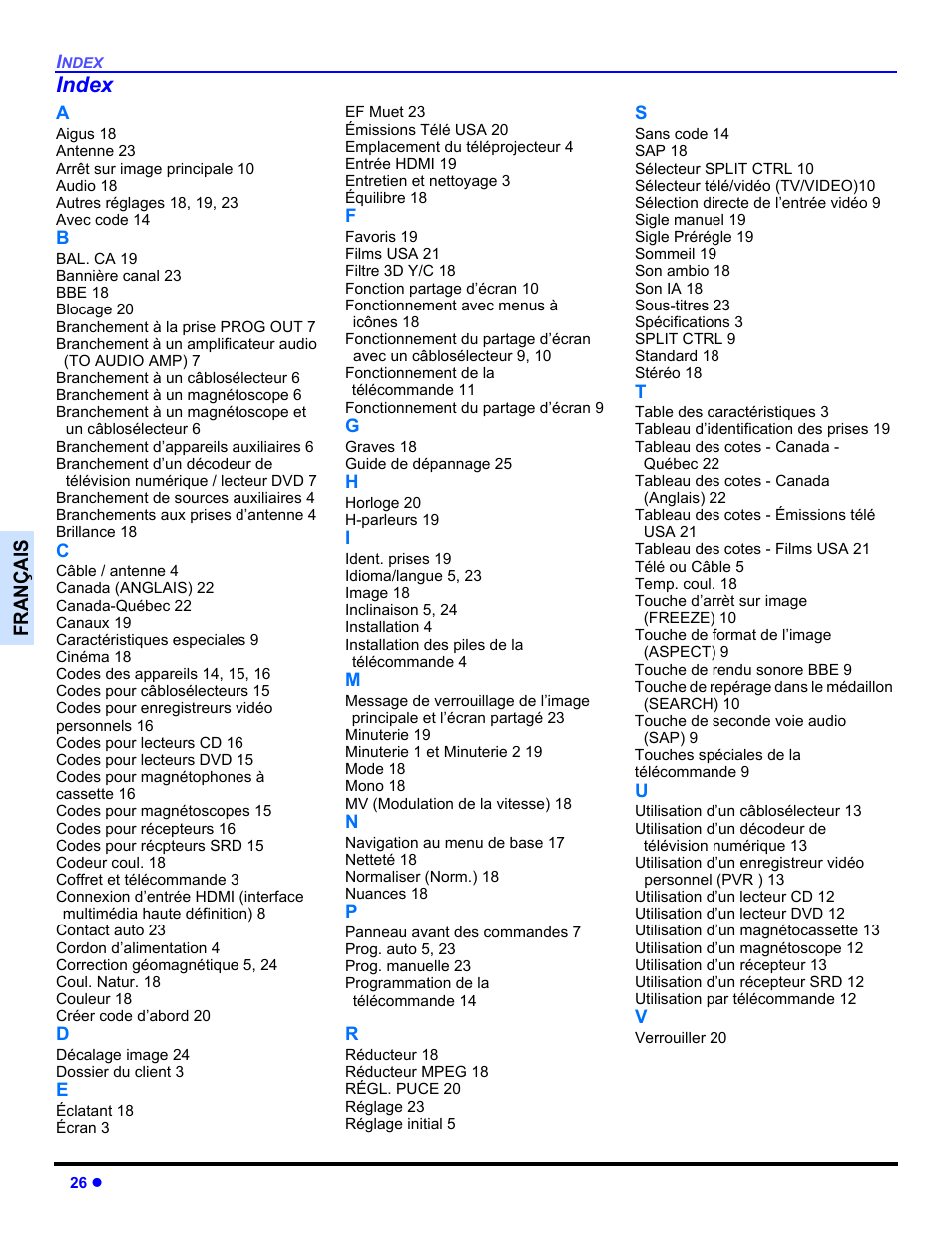 Index, Françai s | Panasonic CT 36HL44 User Manual | Page 84 / 96