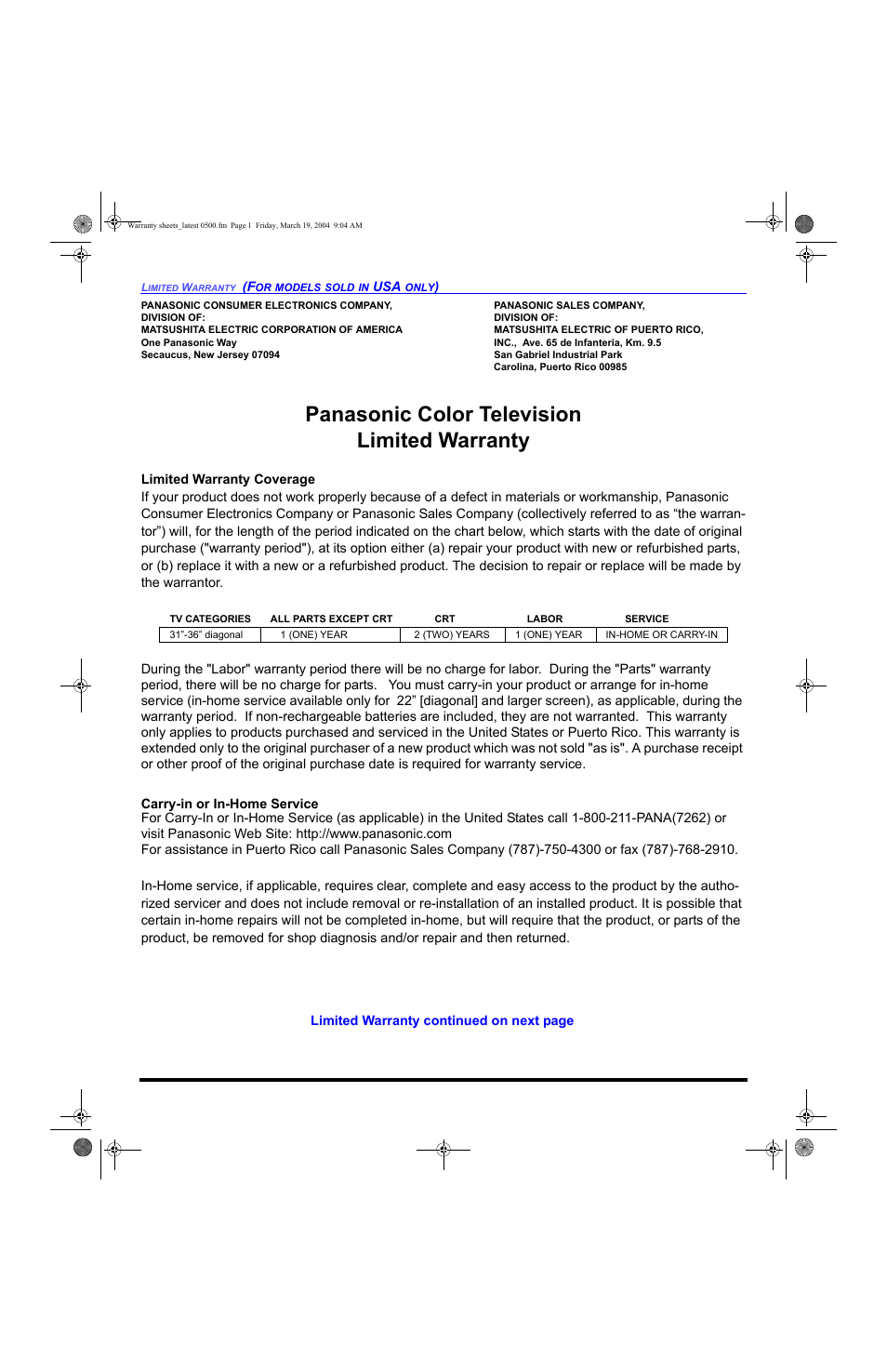 Panasonic color television limited warranty | Panasonic CT 36HL44 User Manual | Page 86 / 96