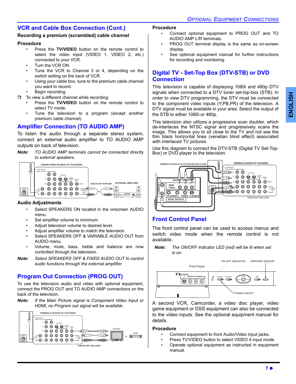 Amplifer (to audio amp), Program out connection, Digital tv-set-top box (dtv-stb) or dvd players | Front control panel, English vcr and cable box connection (cont.), Amplifier connection (to audio amp), Program out connection (prog out), Audio adjustments, Procedure, Ptional | Panasonic CT 36HL44 User Manual | Page 9 / 96