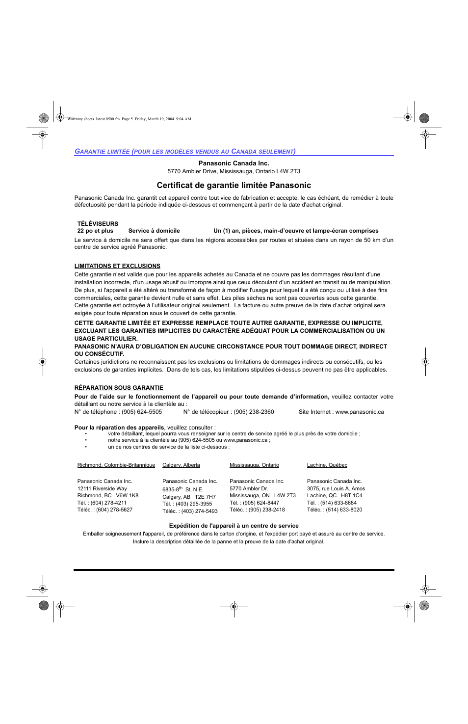 Certificat de garantie limitée panasonic | Panasonic CT 36HL44 User Manual | Page 90 / 96