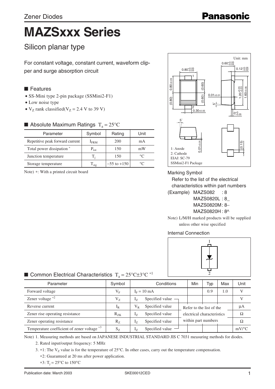 Panasonic Zener Diodes MAZSxxx Series User Manual | 7 pages