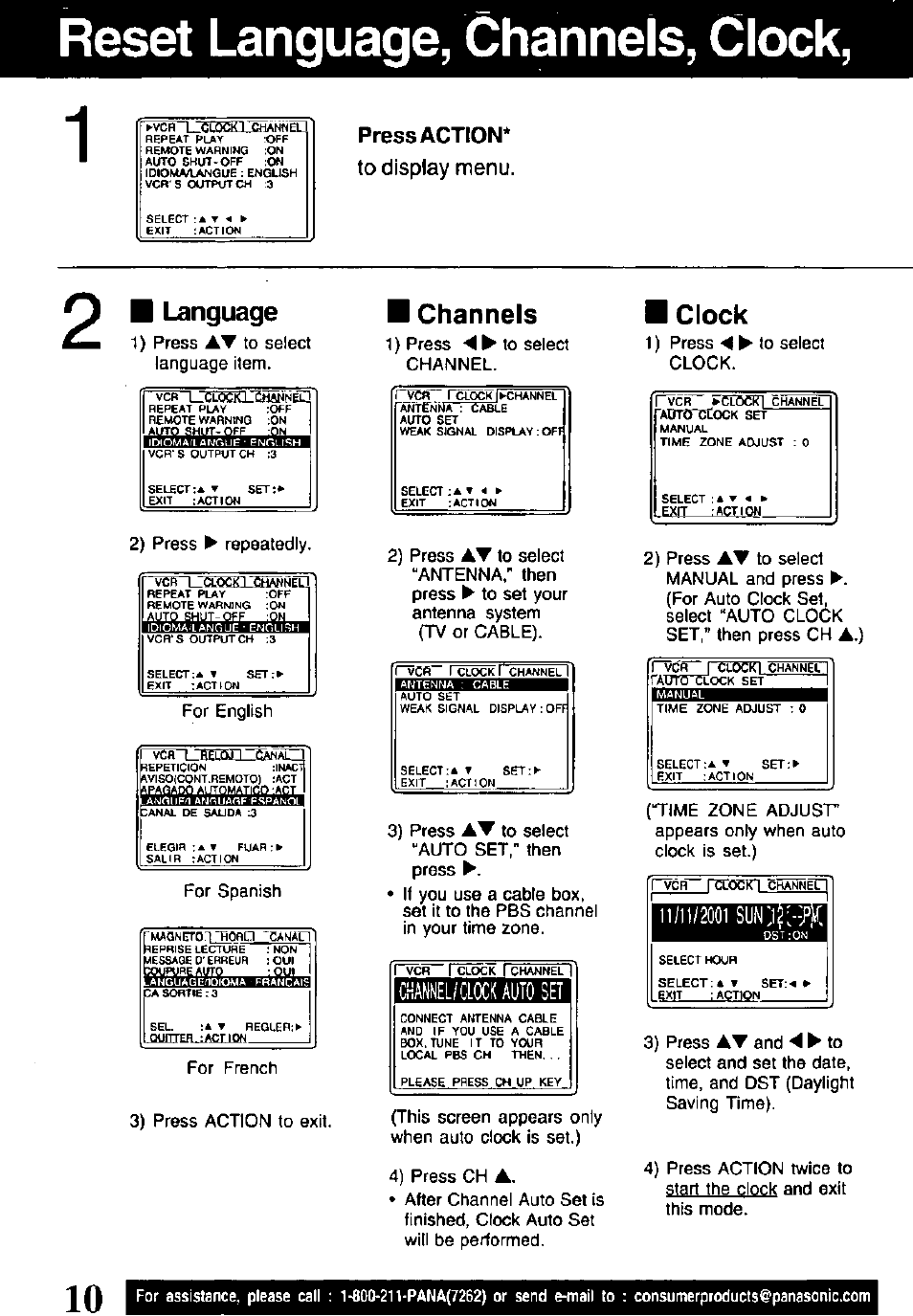 Reset language, channels, clock, Reset language, channels, clock, 1, Language | I channels, Clock, Cfiahneuclock auto set, Press action, Vcb liclocki:emahti, Ilnac | Panasonic PVQ-V201 User Manual | Page 10 / 28