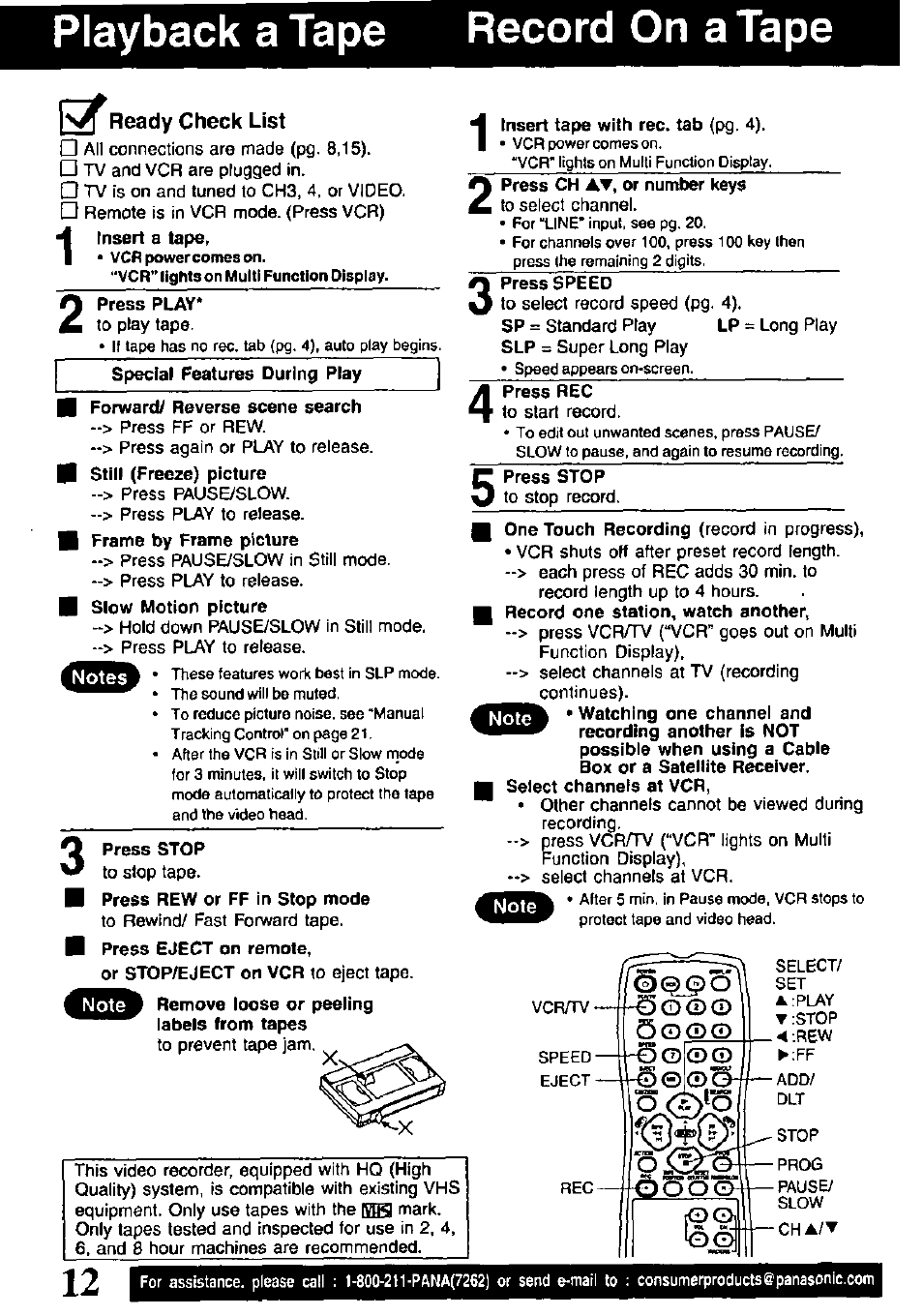 Playback a tape record on a tape, Ready check list | Panasonic PVQ-V201 User Manual | Page 12 / 28