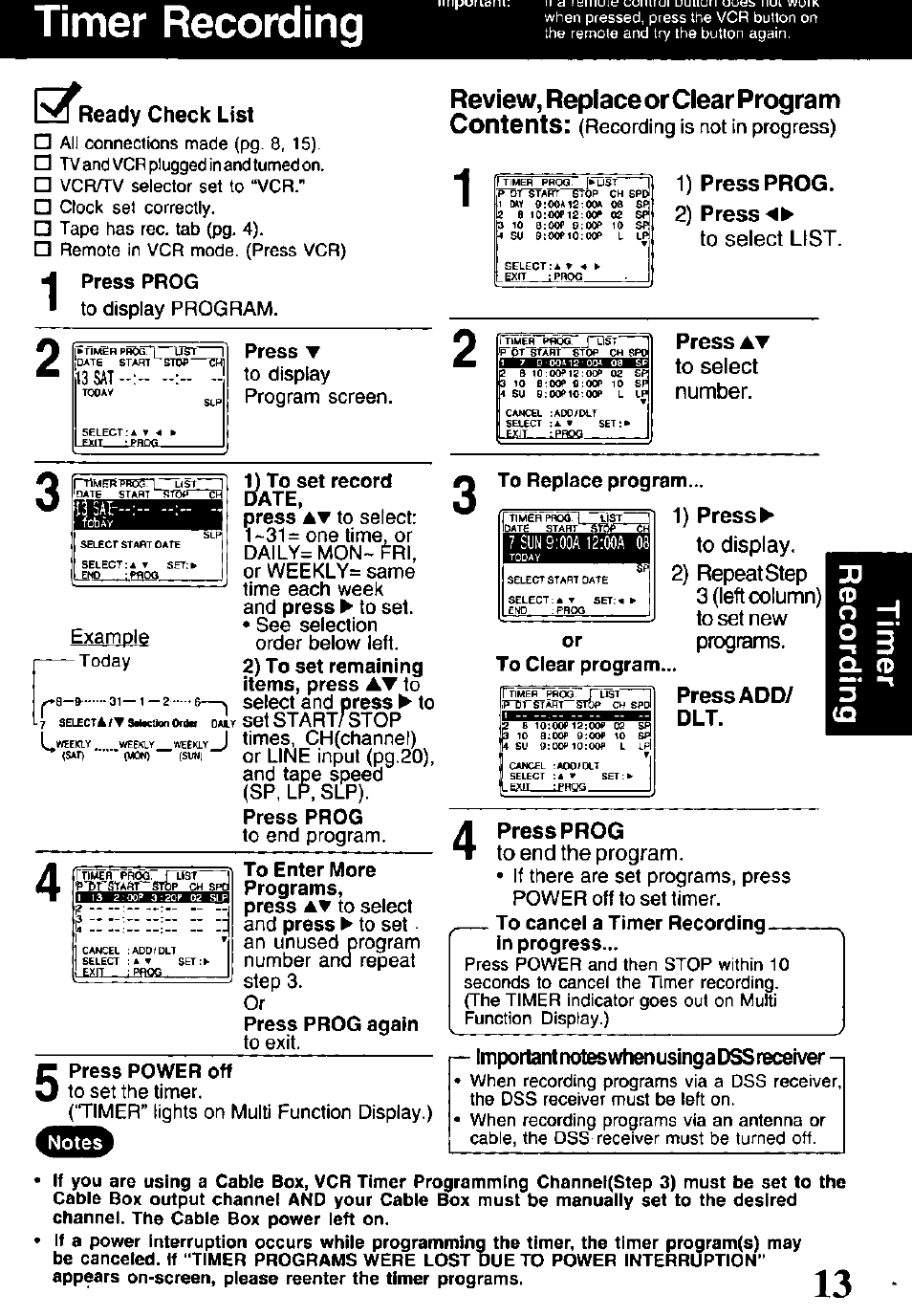 Timer recording, Review, replaceor clear program contents, Ready check list | 1) press prog, Press, 1) pressi, Press add/ dlt, I press prog, 13sat | Panasonic PVQ-V201 User Manual | Page 13 / 28