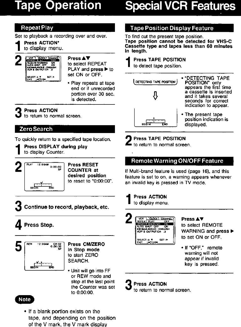 Tape operation special vcr features, Coi^'ftunnep | Panasonic PVQ-V201 User Manual | Page 18 / 28