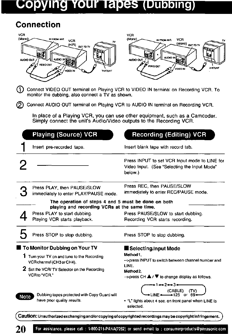 Connection, Playing (source) vcr, Recording (editing) vcr | Panasonic PVQ-V201 User Manual | Page 20 / 28