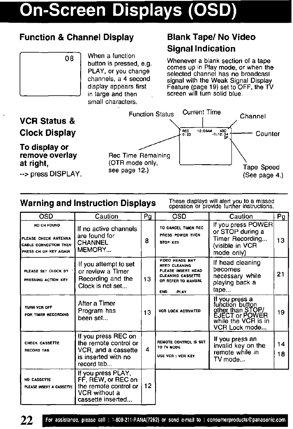 On-screen displays (osd), Function & channel display, Blank tape/ no video signal indication | Vcr status & clock display, To display or remove overlay at right, Warning and instruction displays | Panasonic PVQ-V201 User Manual | Page 22 / 28