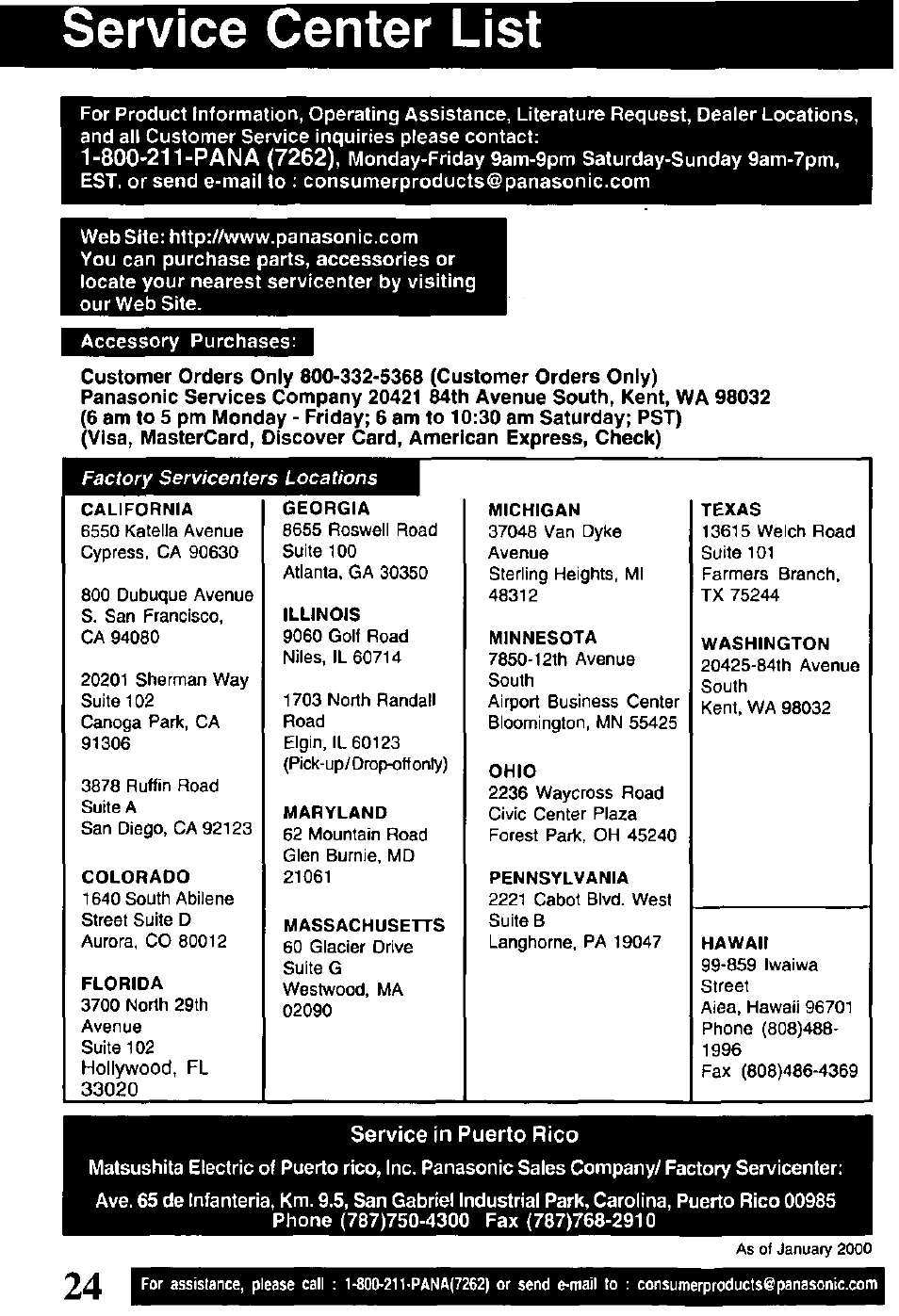Service center list, Service in puerto rico, Factory servicenters locations | Panasonic PVQ-V201 User Manual | Page 24 / 28