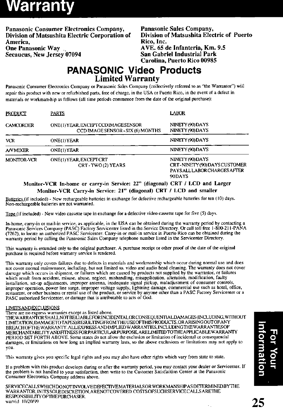 Warranty, Panasonic video products, Limited warranty | Panasonic PVQ-V201 User Manual | Page 25 / 28