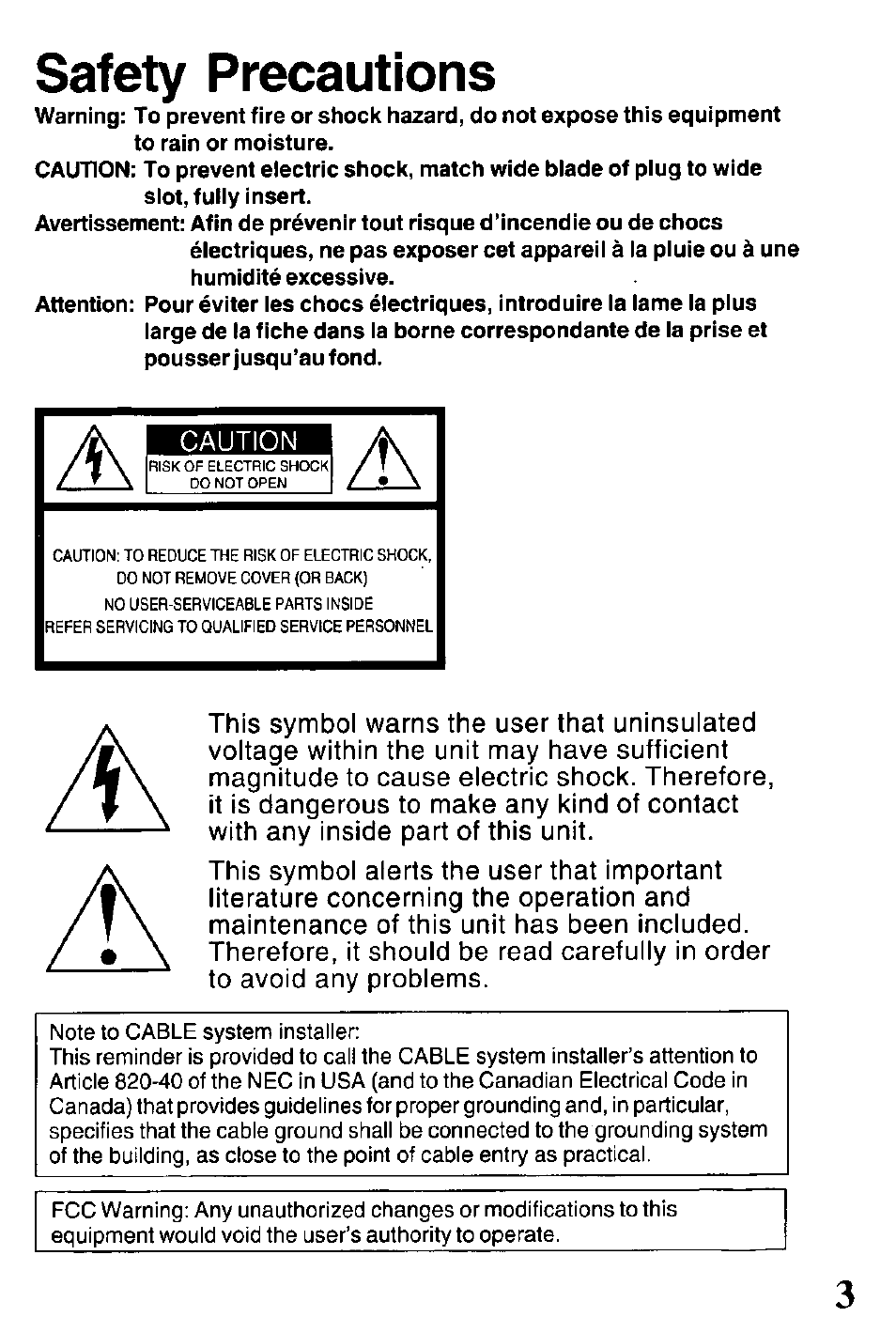 Safety precautions | Panasonic PVQ-V201 User Manual | Page 3 / 28