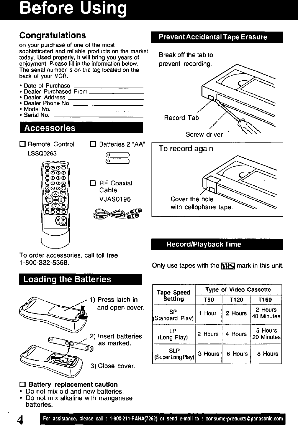 Before using, Congratulations, Accessories | Loading the batteries | Panasonic PVQ-V201 User Manual | Page 4 / 28