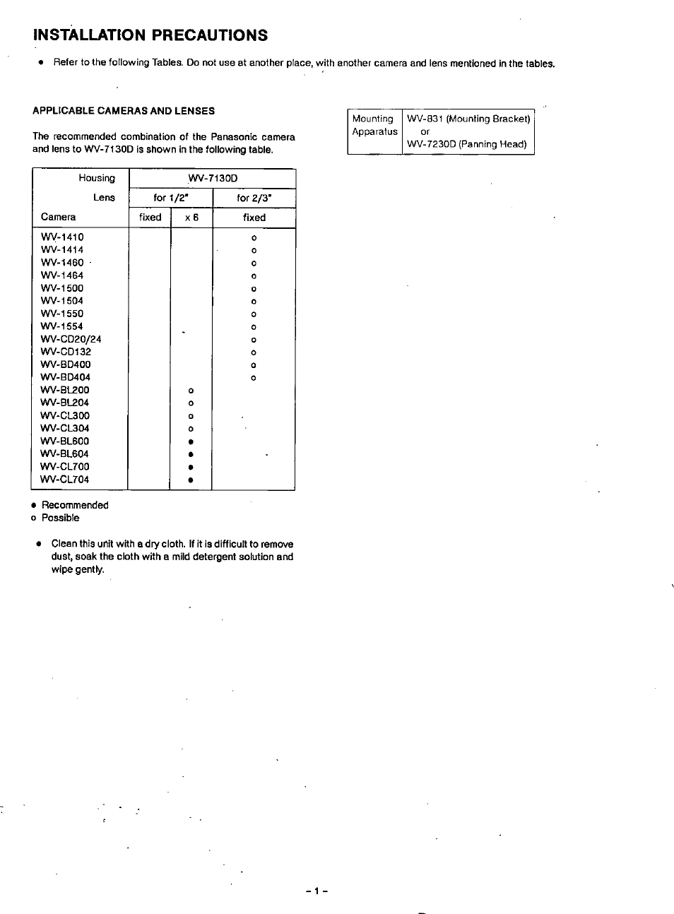Installation precautions, Wy-1410 | Panasonic WV-7130D User Manual | Page 2 / 6