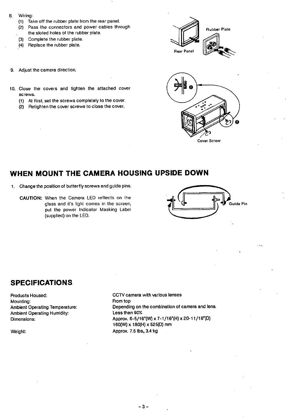 When mount the camera housing upside down, Specifications | Panasonic WV-7130D User Manual | Page 3 / 6