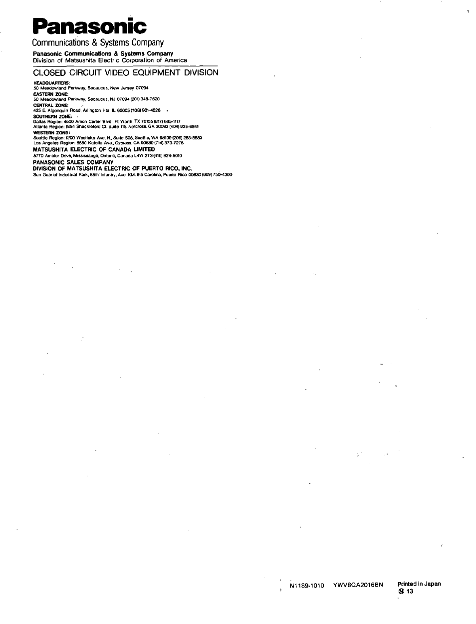 Panasonic, Closed circuit video equipment division, Communications & systems company | Panasonic WV-7130D User Manual | Page 6 / 6