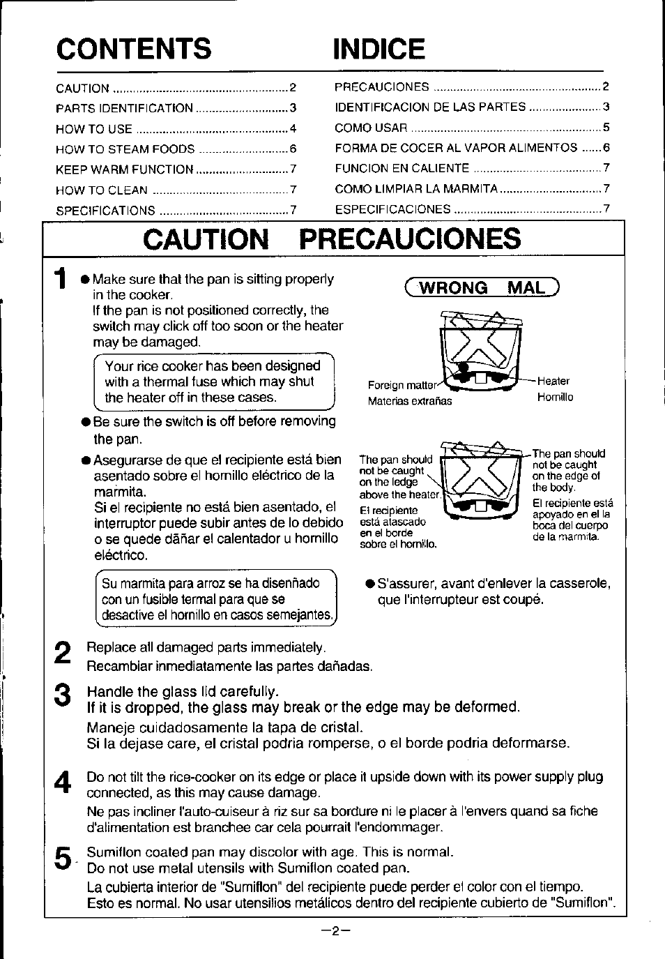 Contents indice, Caution precauciones, Wrong mal ) | Panasonic W18PB User Manual | Page 3 / 8