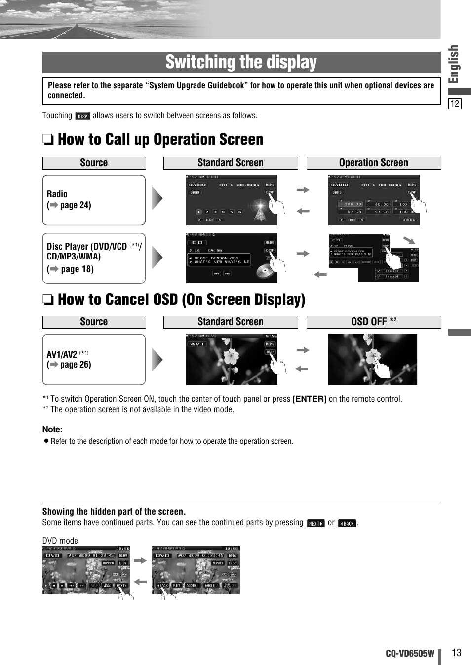 Switching the display, English | Panasonic CQ-VD6505W User Manual | Page 13 / 94