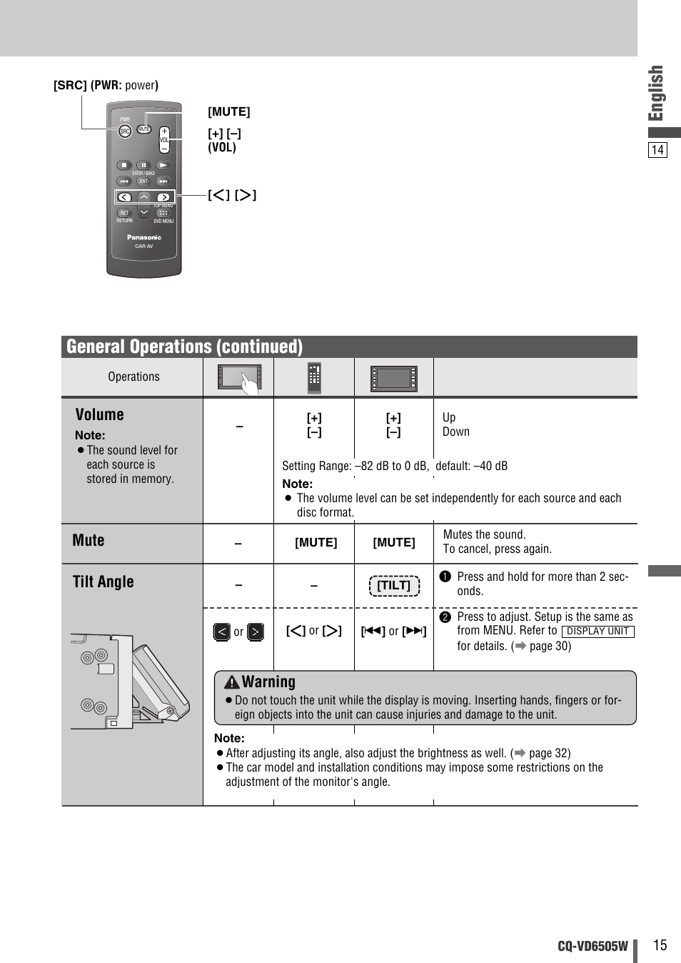 English, General operations (continued), Volume | Tilt angle, Mute, Warning | Panasonic CQ-VD6505W User Manual | Page 15 / 94