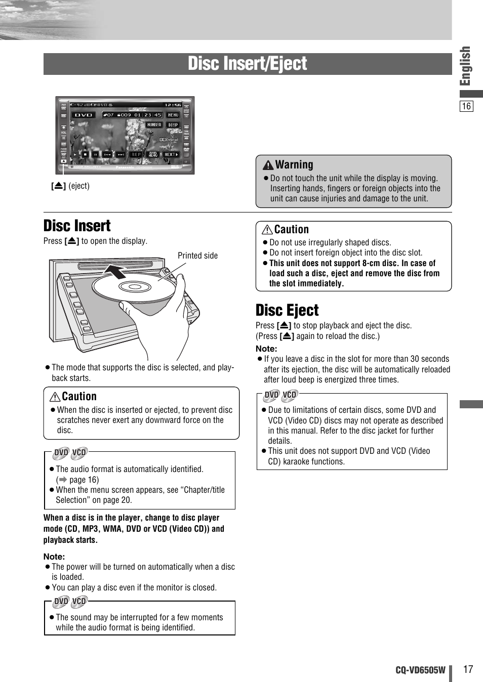 Disc insert/eject, Disc eject, Disc insert | English, Caution, Warning | Panasonic CQ-VD6505W User Manual | Page 17 / 94