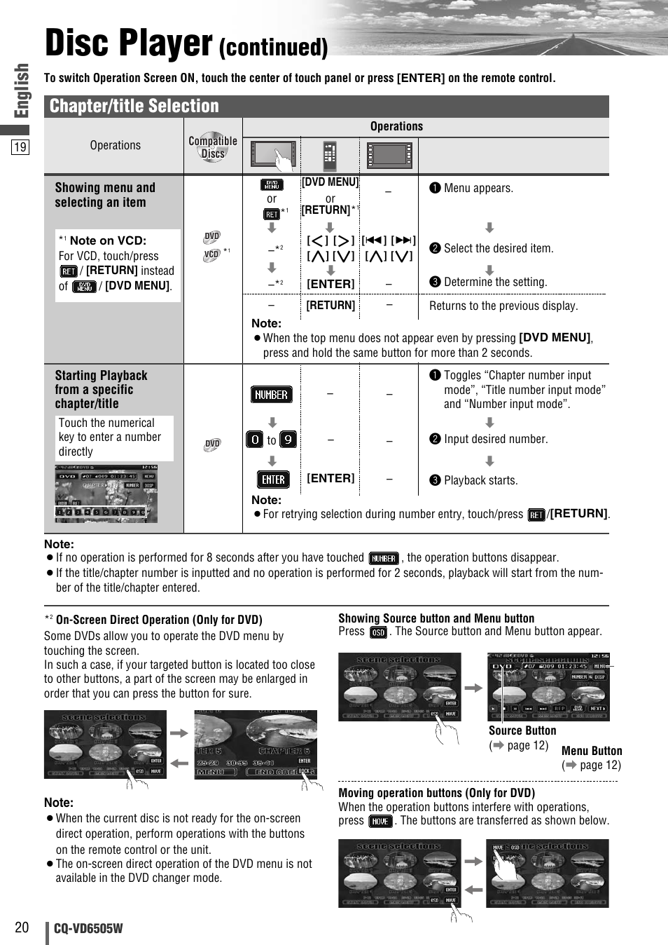 Disc player, Continued), English | Chapter/title selection | Panasonic CQ-VD6505W User Manual | Page 20 / 94