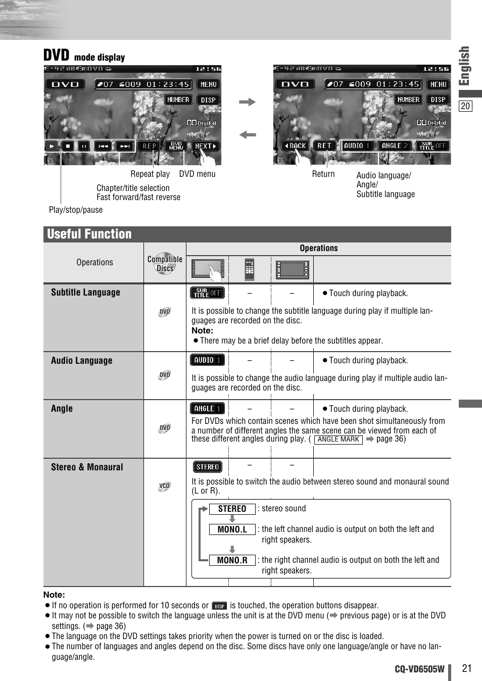 English, Useful function | Panasonic CQ-VD6505W User Manual | Page 21 / 94