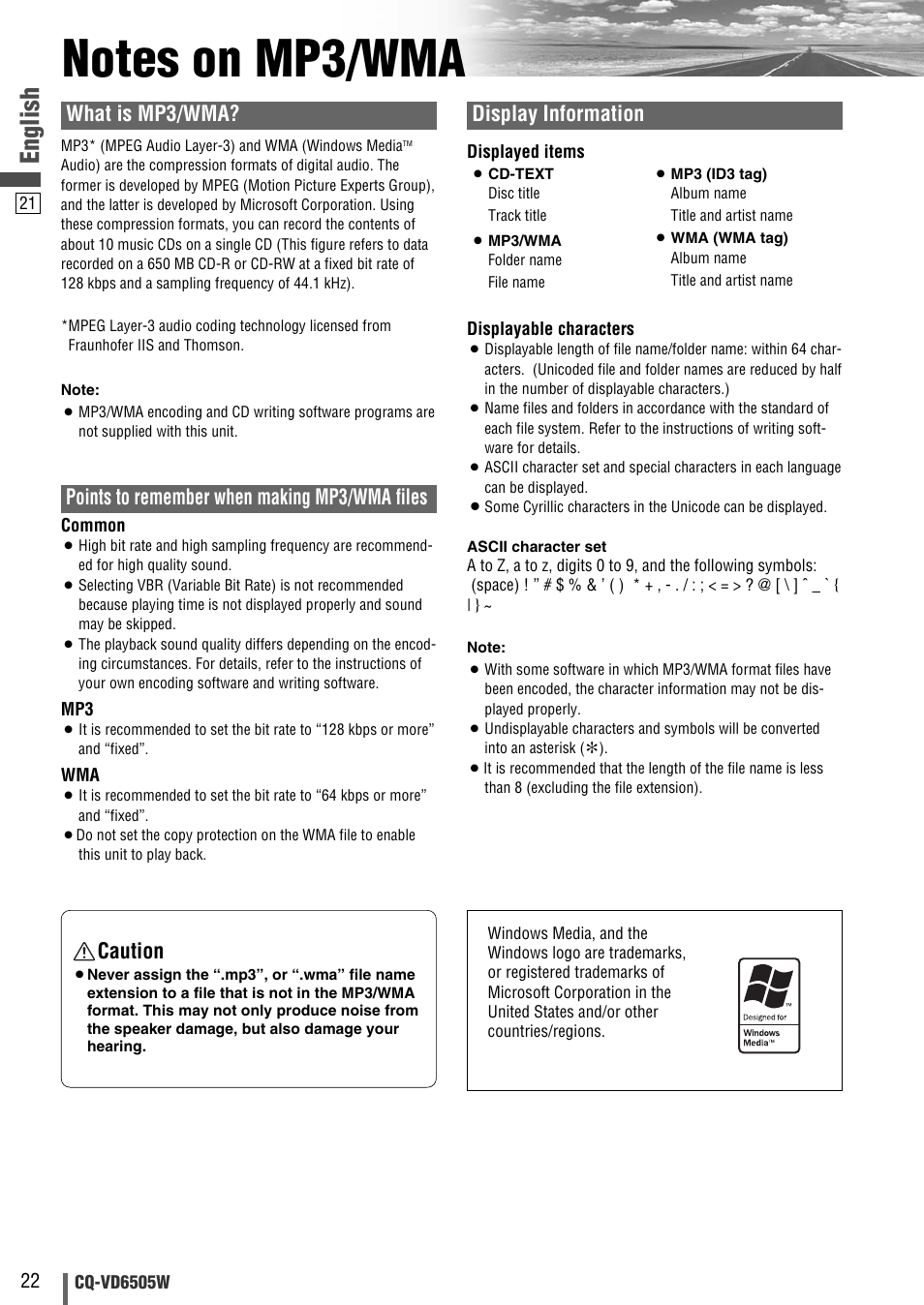 English, What is mp3/wma, Points to remember when making mp3/wma files | Display information, Caution | Panasonic CQ-VD6505W User Manual | Page 22 / 94