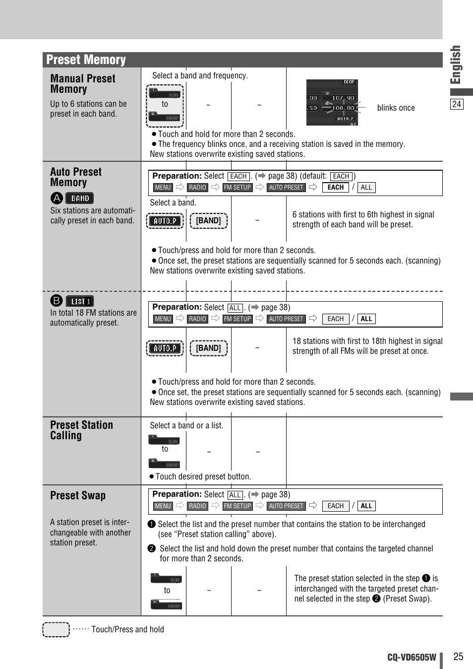 English, Preset station calling, Preset swap | Panasonic CQ-VD6505W User Manual | Page 25 / 94