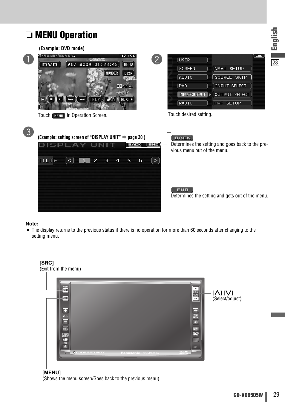 Menu operation, English | Panasonic CQ-VD6505W User Manual | Page 29 / 94