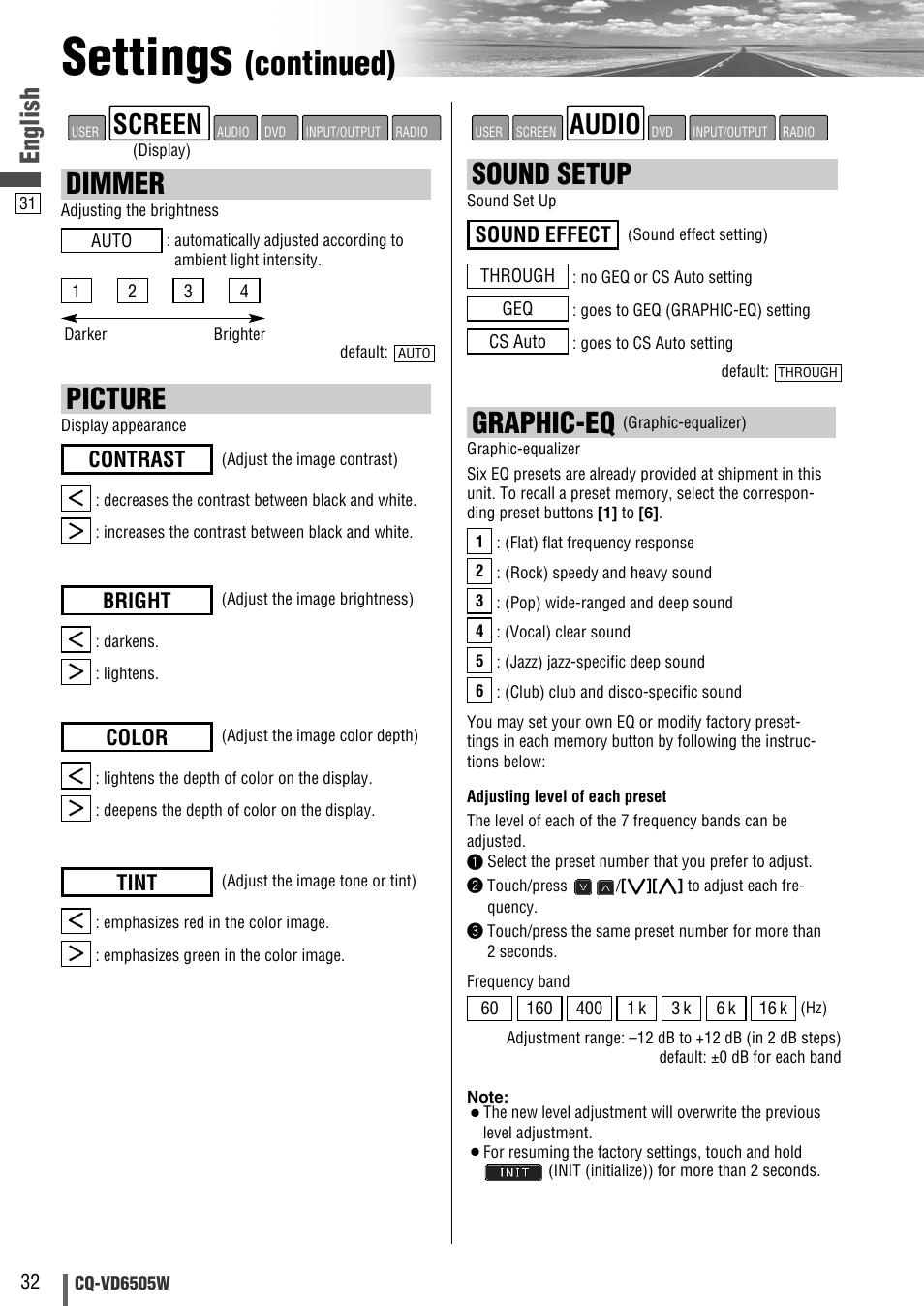 Settings, Continued), Dimmer | Picture, Graphic-eq, Sound setup, Audio, Screen, English, Contrast | Panasonic CQ-VD6505W User Manual | Page 32 / 94