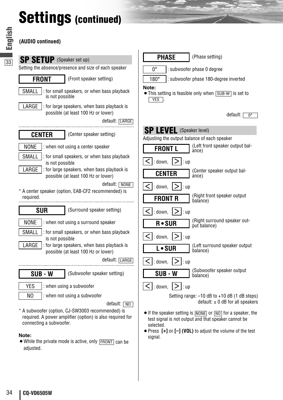 Settings, Continued), Sp level | Sp setup, English, Sub - w, Front r, Center, Front l, Front | Panasonic CQ-VD6505W User Manual | Page 34 / 94