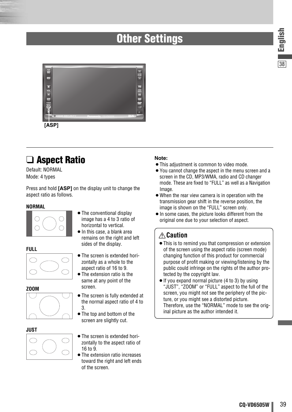 Other settings, Aspect ratio, English | Caution, Cq-vd6505w | Panasonic CQ-VD6505W User Manual | Page 39 / 94