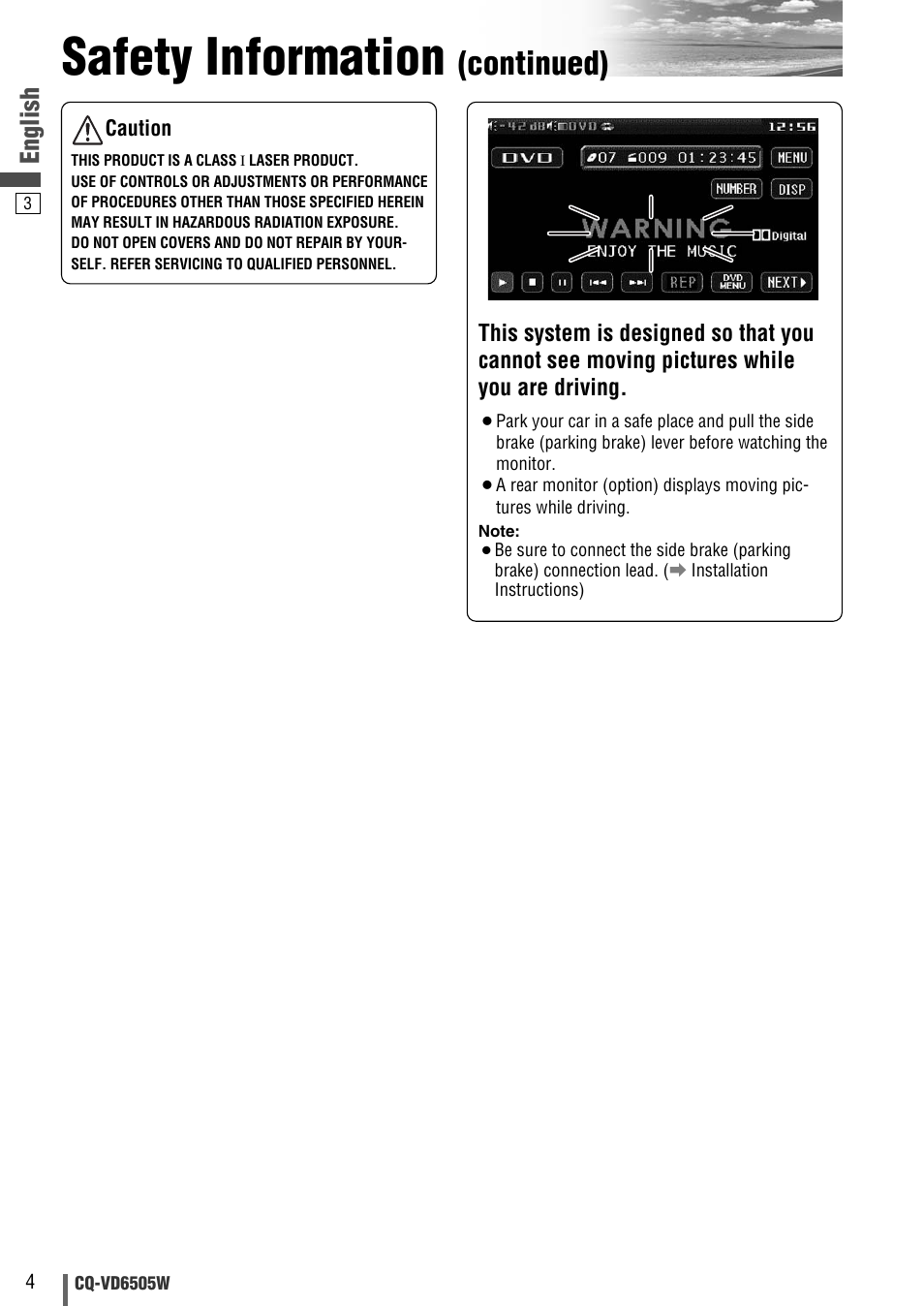 Safety information, Continued), English | Panasonic CQ-VD6505W User Manual | Page 4 / 94
