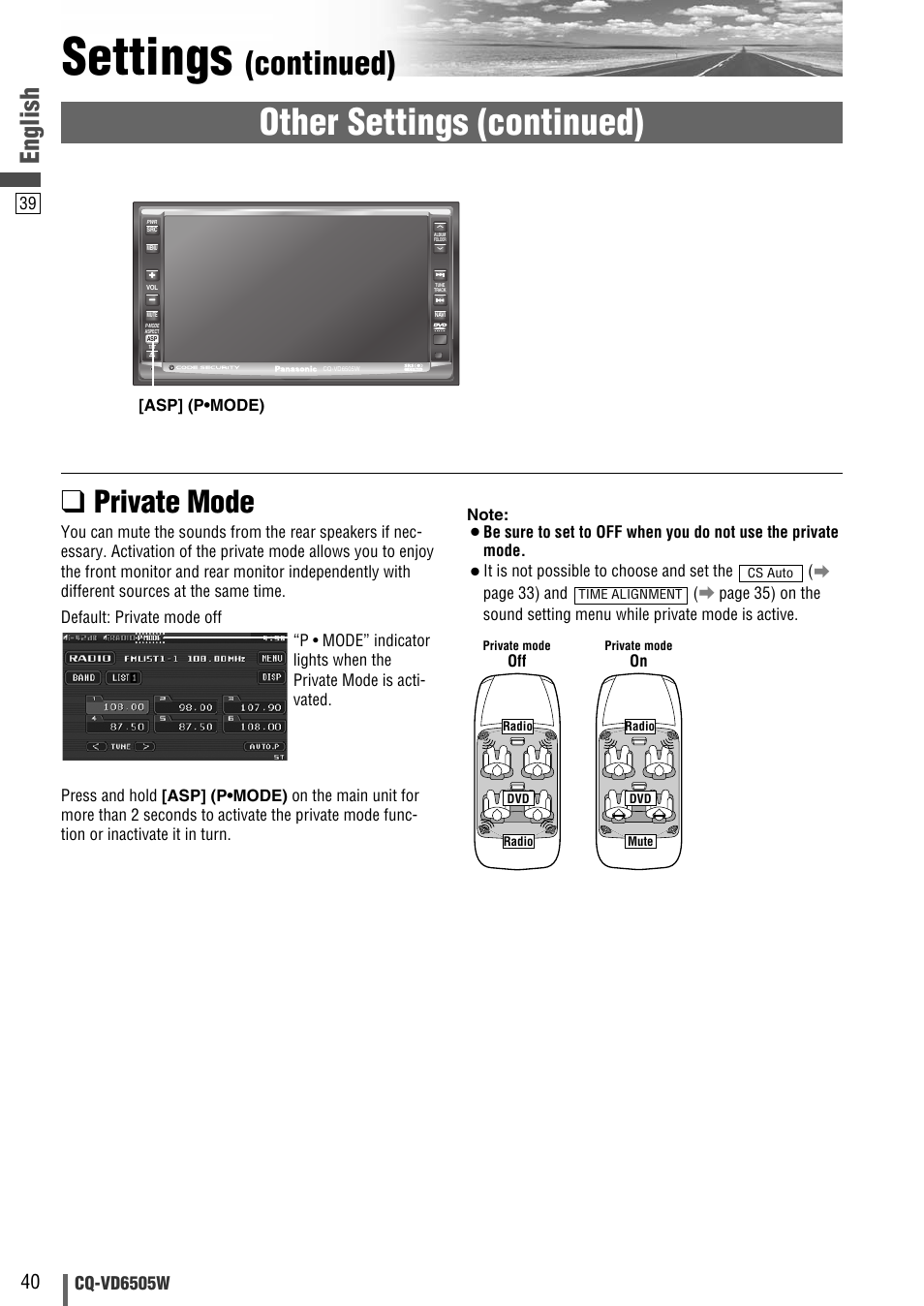 Settings, Other settings (continued), Continued) | Private mode, English, Cq-vd6505w | Panasonic CQ-VD6505W User Manual | Page 40 / 94