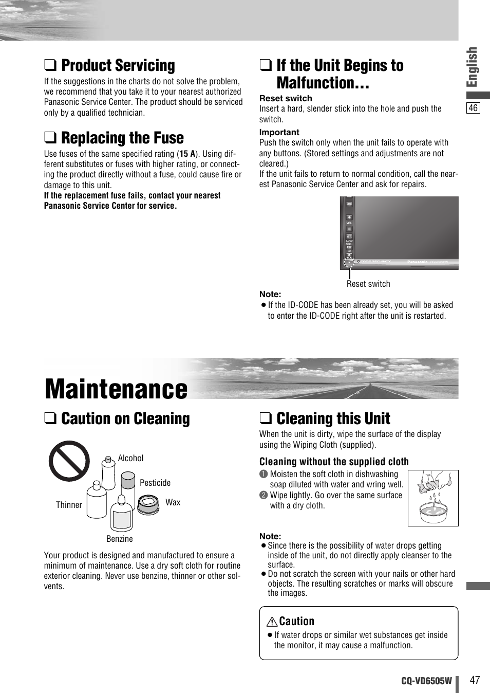 Maintenance, Product servicing, Replacing the fuse | If the unit begins to malfunction, Cleaning this unit, Caution on cleaning, English, Caution | Panasonic CQ-VD6505W User Manual | Page 47 / 94