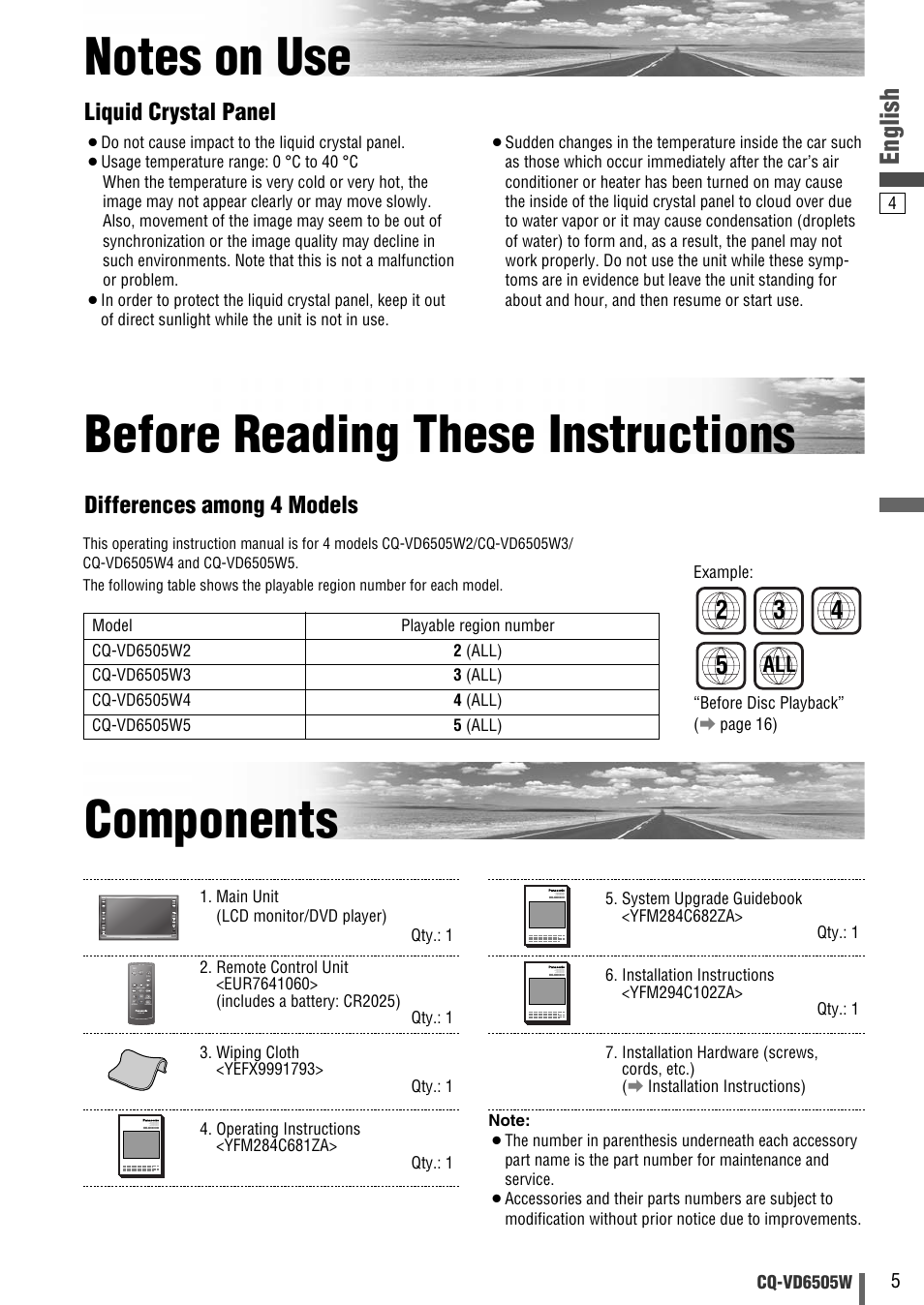 Before reading these instructions, English, Liquid crystal panel | Differences among 4 models | Panasonic CQ-VD6505W User Manual | Page 5 / 94