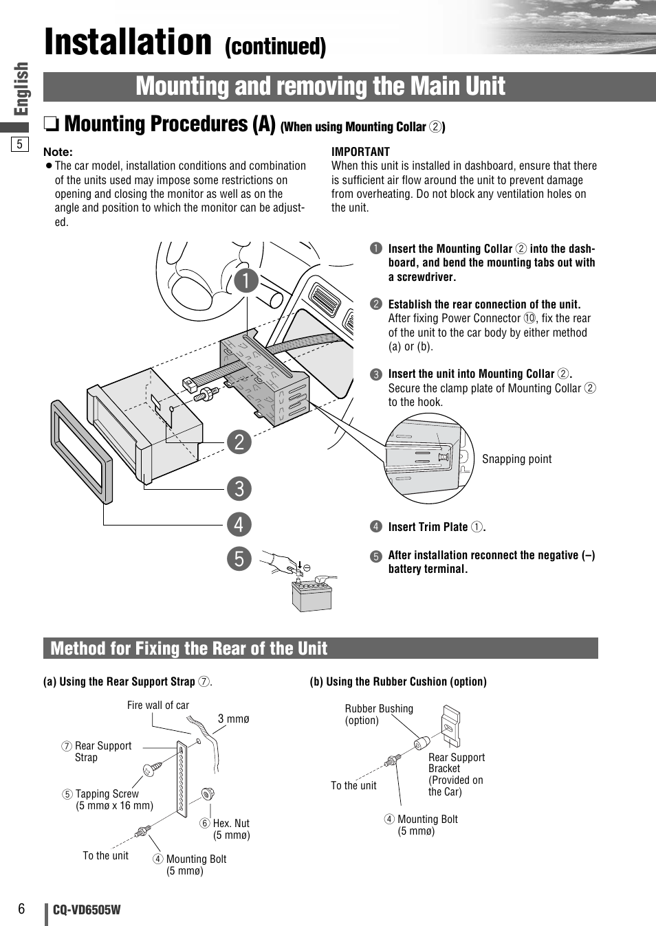 Installation, Mounting and removing the main unit, Qw e t | Continued), Mounting procedures (a), English, Method for fixing the rear of the unit | Panasonic CQ-VD6505W User Manual | Page 58 / 94