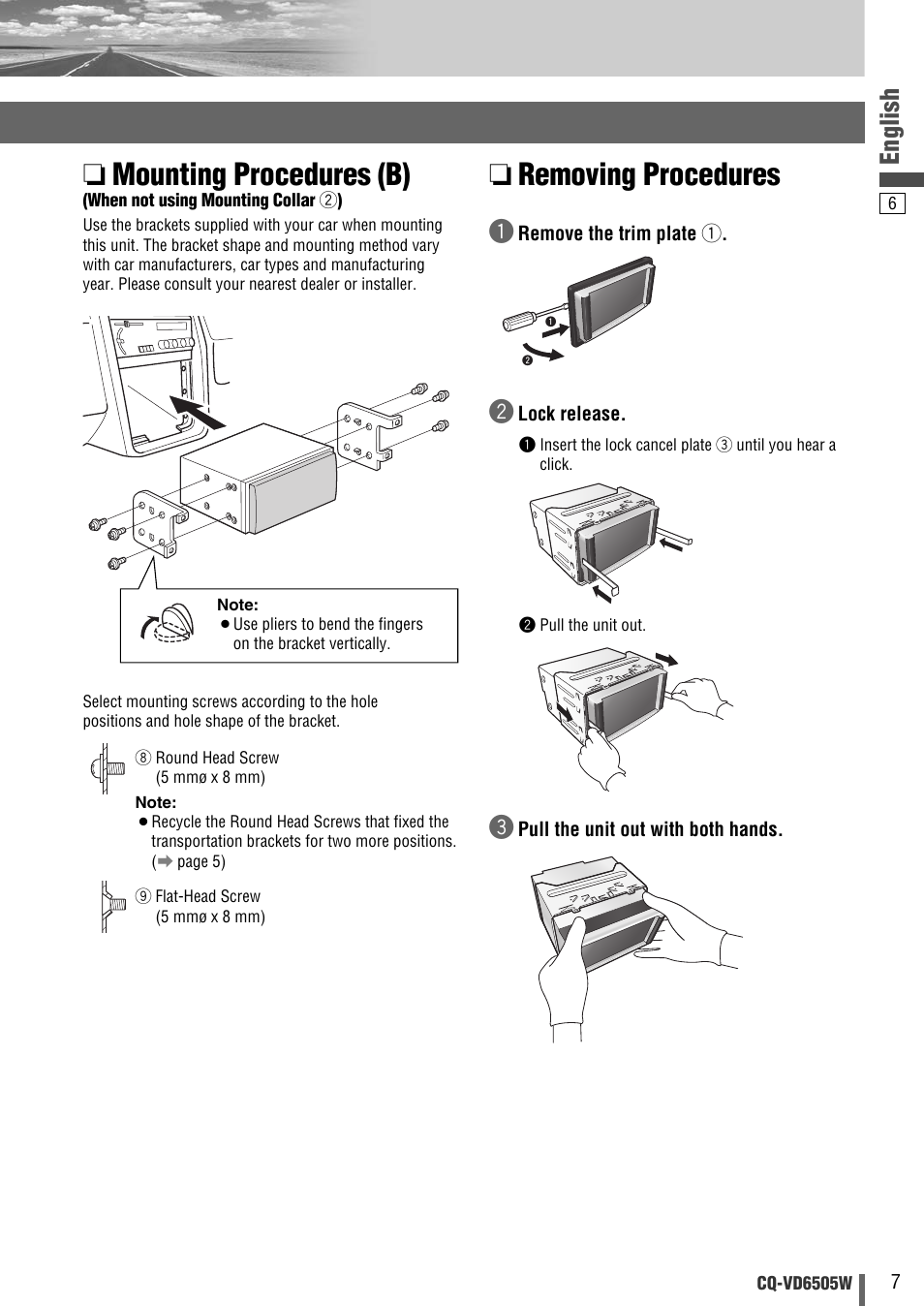 Mounting procedures (b), Removing procedures, English | Panasonic CQ-VD6505W User Manual | Page 59 / 94