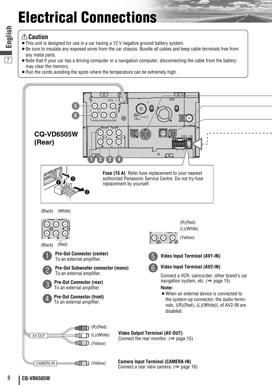 Electrical connections, English, Cq-vd6505w (rear) | Caution | Panasonic CQ-VD6505W User Manual | Page 60 / 94