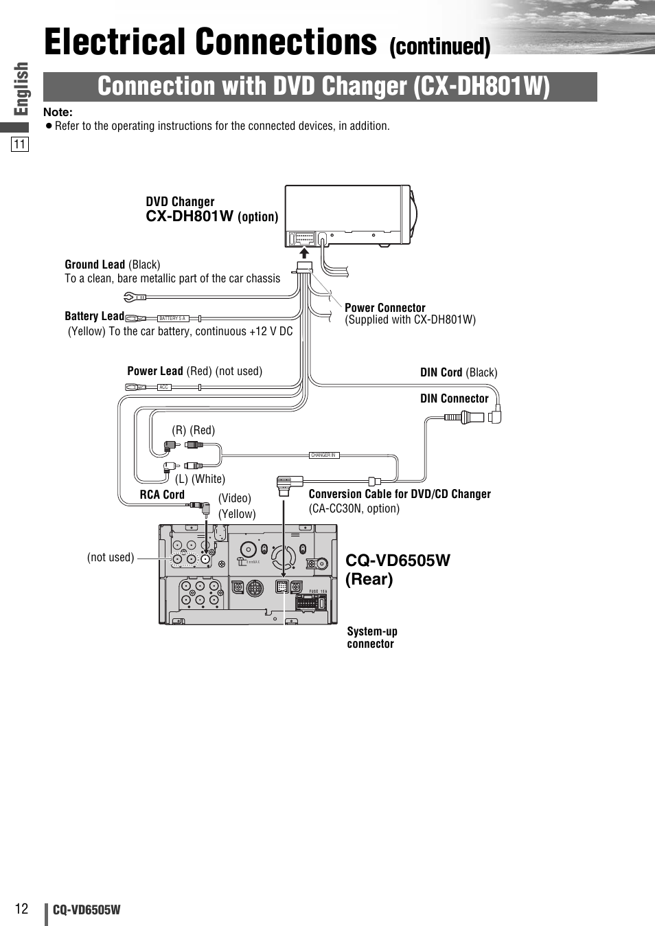 Electrical connections, Connection with dvd changer (cx-dh801w), Continued) | English, Cq-vd6505w (rear), Cx-dh801w | Panasonic CQ-VD6505W User Manual | Page 64 / 94