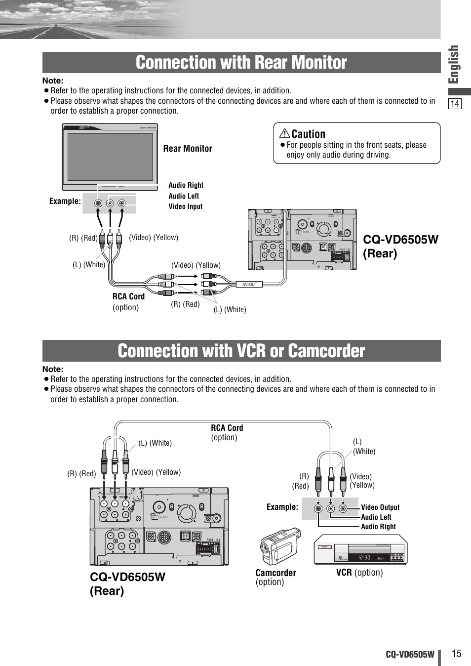 Connection with rear monitor, Connection with vcr or camcorder, English | Cq-vd6505w (rear), Caution, Cq-vd6505w, Rear monitor, Vcr (option) camcorder (option) | Panasonic CQ-VD6505W User Manual | Page 67 / 94