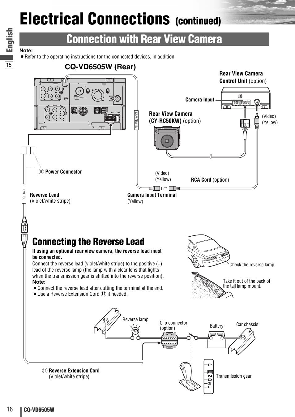 Electrical connections, Connection with rear view camera, Continued) | Connecting the reverse lead, English, Cq-vd6505w (rear) | Panasonic CQ-VD6505W User Manual | Page 68 / 94