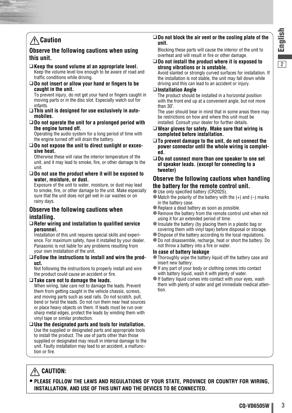 English, Caution | Panasonic CQ-VD6505W User Manual | Page 73 / 94