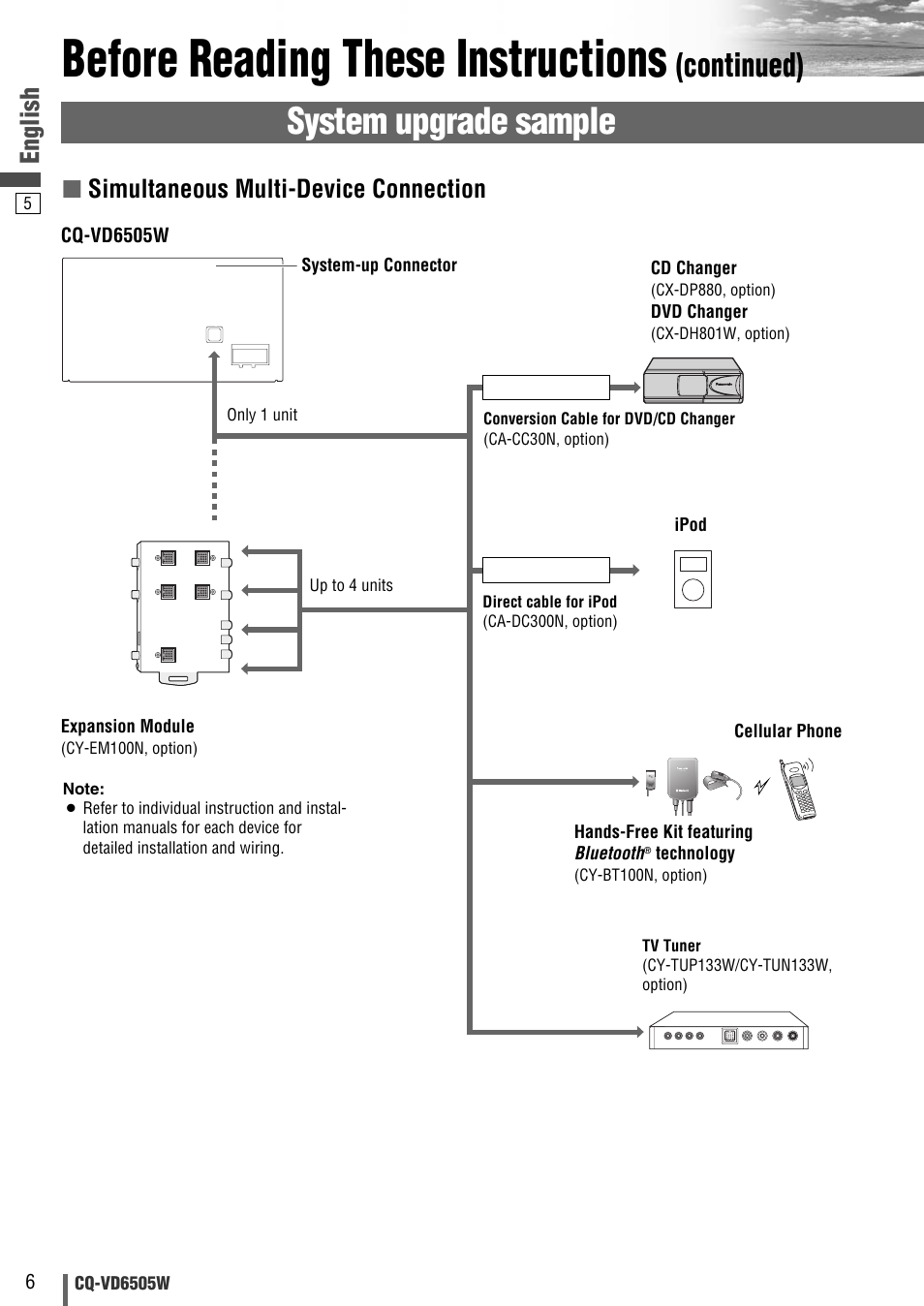 Before reading these instructions, System upgrade sample, Continued) | English, Simultaneous multi-device connection | Panasonic CQ-VD6505W User Manual | Page 76 / 94