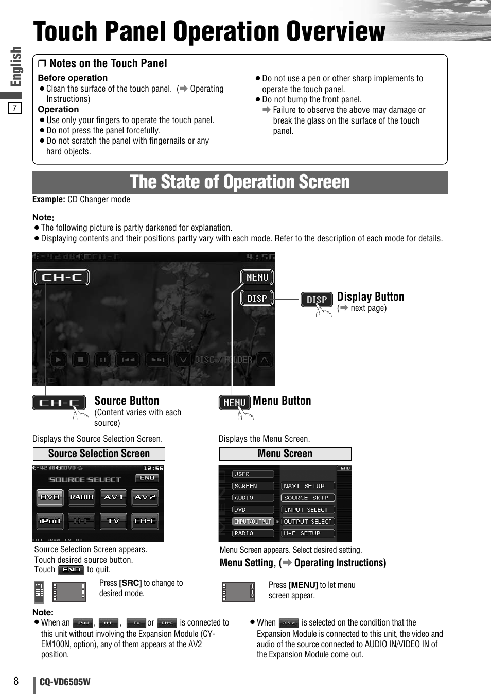 Touch panel operation overview, The state of operation screen, English | Panasonic CQ-VD6505W User Manual | Page 78 / 94