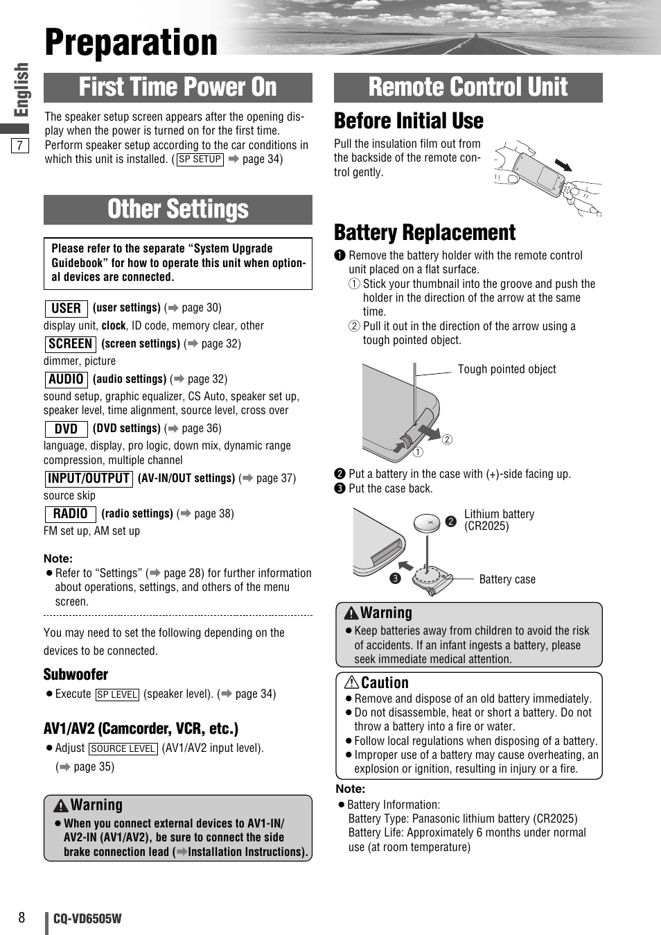 Preparation, Other settings, Remote control unit | First time power on, Battery replacement, Before initial use, English, Subwoofer, Av1/av2 (camcorder, vcr, etc.), Warning | Panasonic CQ-VD6505W User Manual | Page 8 / 94