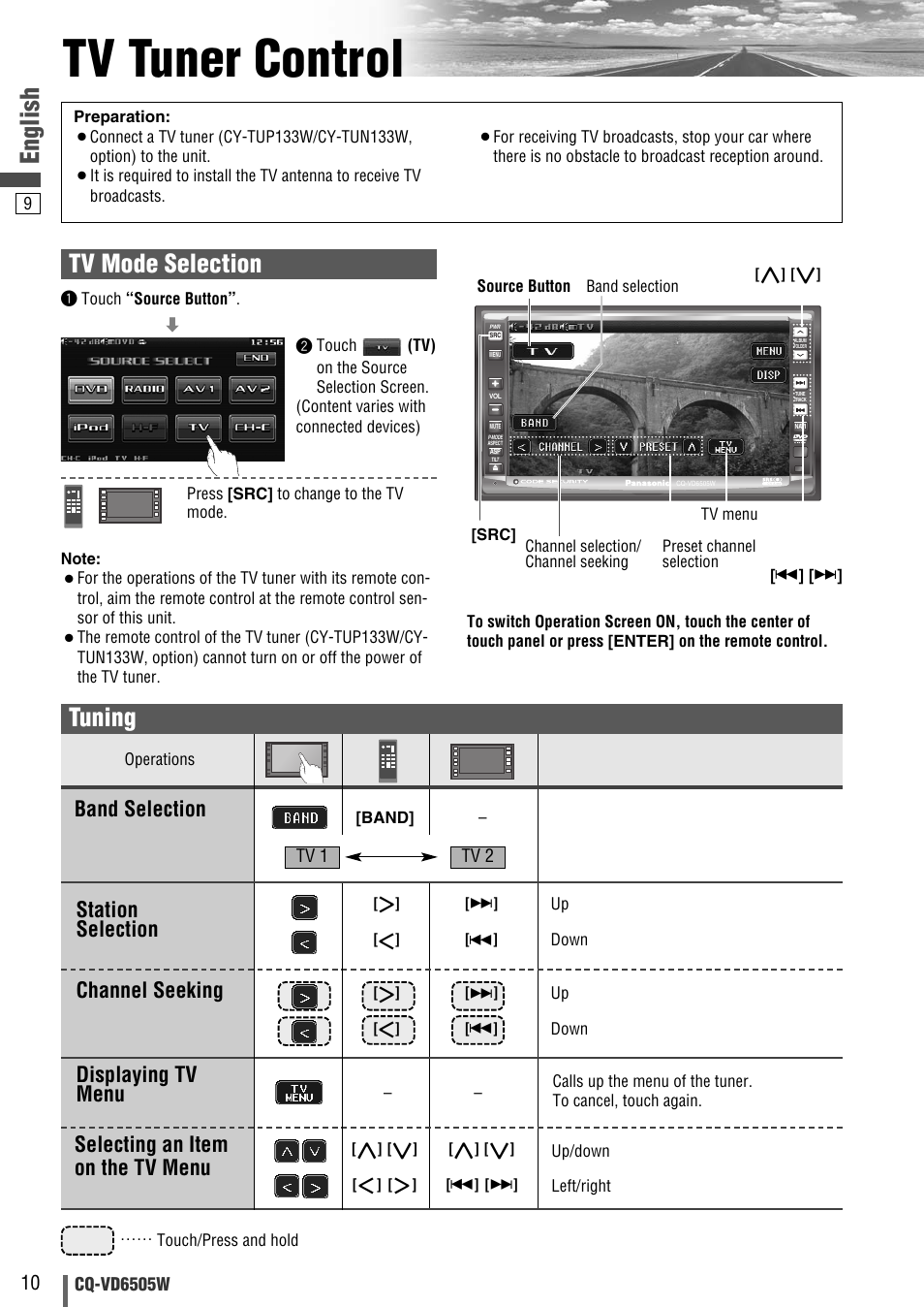 Tv tuner control, English, Tuning | Tv mode selection, Selecting an item on the tv menu, Band selection | Panasonic CQ-VD6505W User Manual | Page 80 / 94