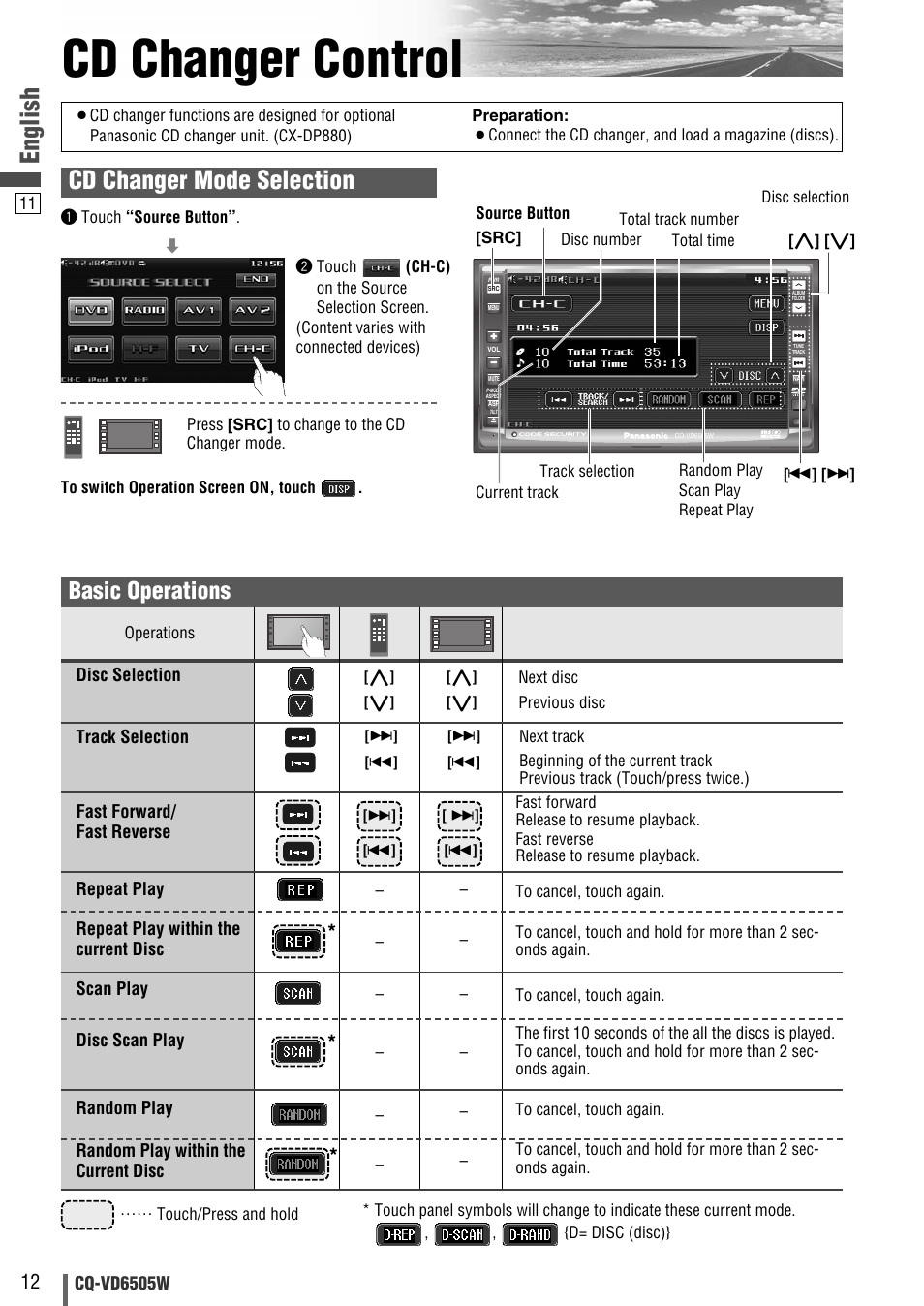 Cd changer control, English, Cd changer mode selection | Basic operations | Panasonic CQ-VD6505W User Manual | Page 82 / 94